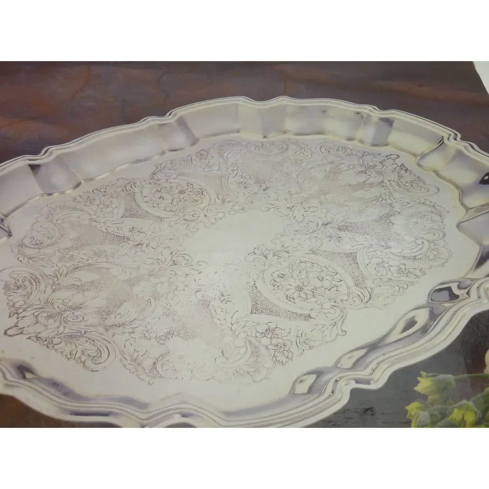 Vintage International Silver Co Silverplate Tray Scalloped Floral Etched Platter
